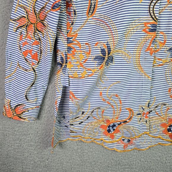 Peck & Peck Embroidered Striped Floral Shirt Small Cotton Boho Scallop Hem Blue - Picture 5 of 16